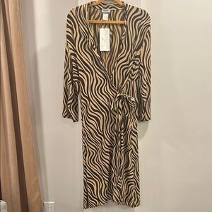 Randolph Duke Tan and Brown Wrap Dress V-neck Long Sleeve